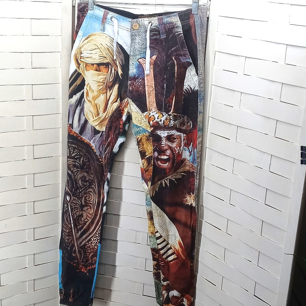 Y2K Vintage AKOO Streetwear Graphic Jogger Style Pants, All Over Warrior Print